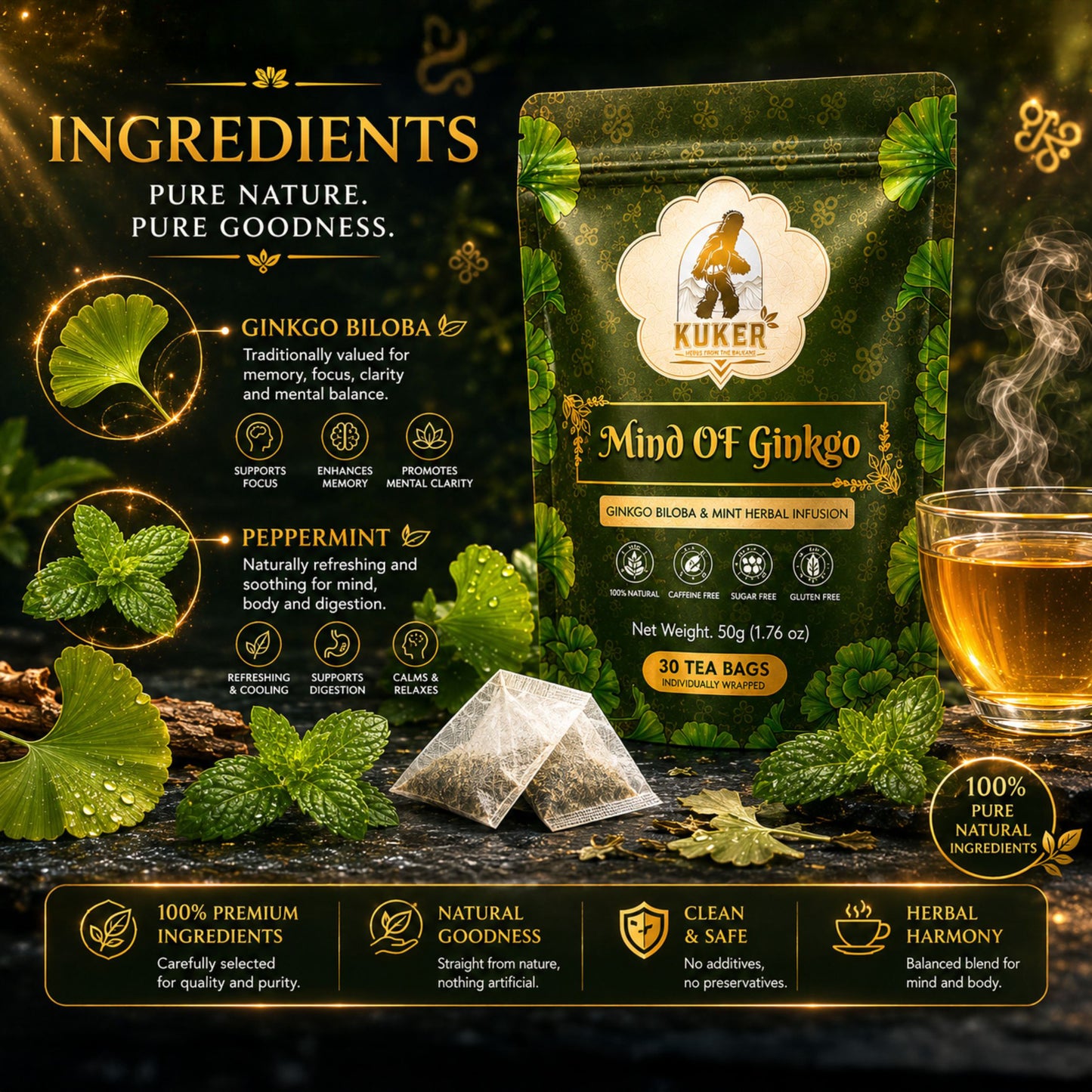 KUKER® Mind of Ginkgo Tea 30 Tea Bags | with Peppermint