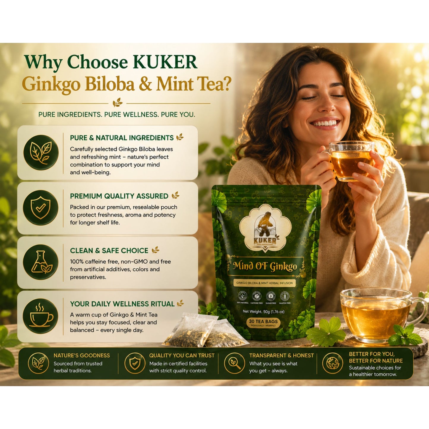 KUKER® Mind of Ginkgo Tea 30 Tea Bags | with Peppermint