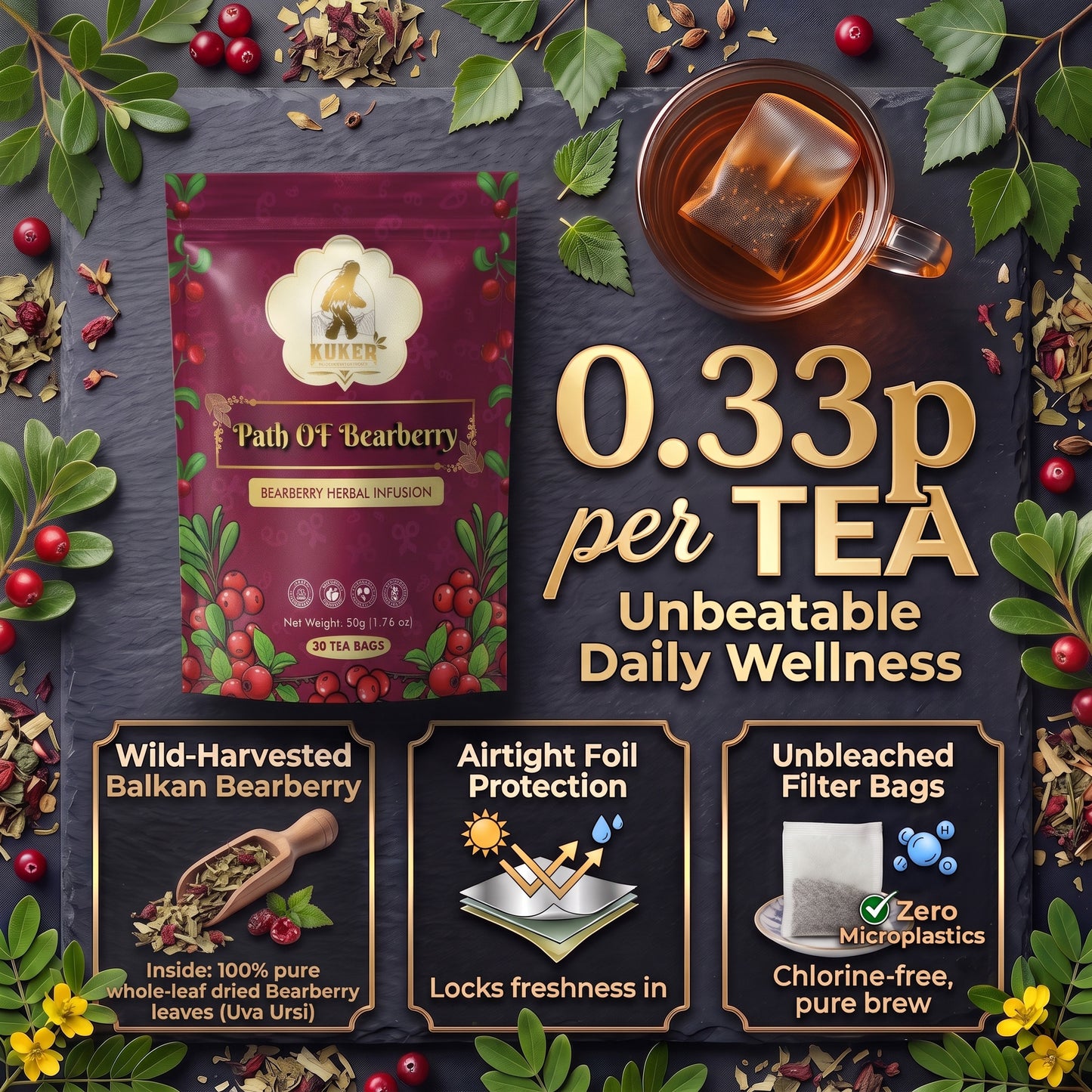 A tea product advertisement showing a pouch labeled 'Path Of Bearberry' beside a glass cup of amber tea on a dark slate background, with decorative leaves and berries around it. Large text reads '0.