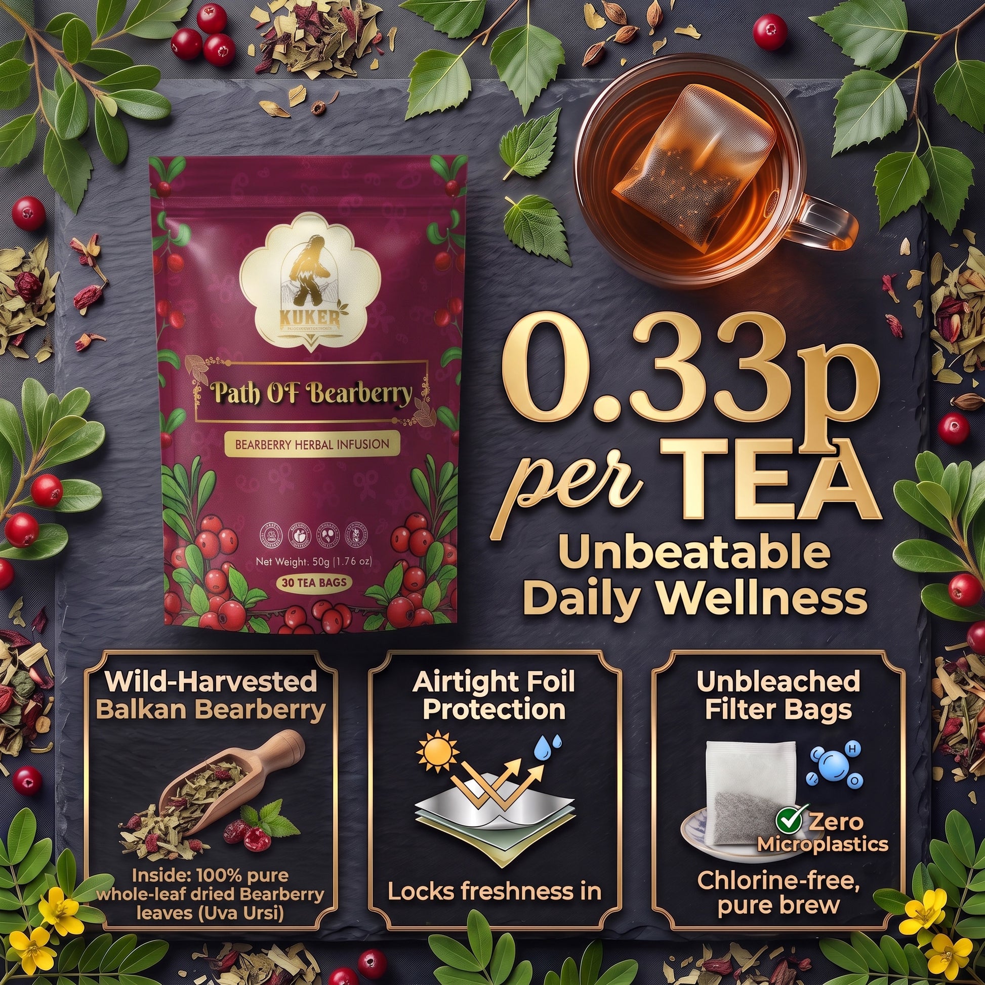 A tea product advertisement showing a pouch labeled 'Path Of Bearberry' beside a glass cup of amber tea on a dark slate background, with decorative leaves and berries around it. Large text reads '0.