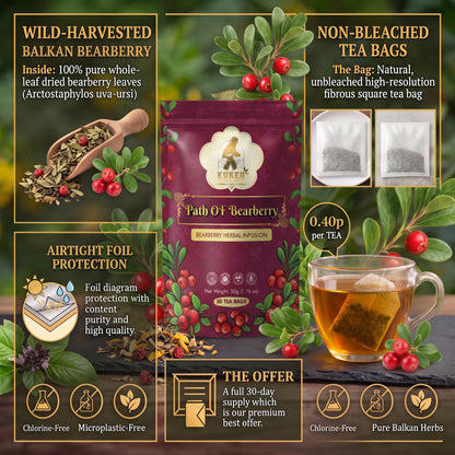 A promotional product graphic for a tea bag package labeled 'Path Of ’Bearberry' with surrounding feature callouts about wild-harvested bearberry, non-bleached tea bags, airtight foil protection, chlorine-free microplastic-free quality, and a glass cup of brewed tea.