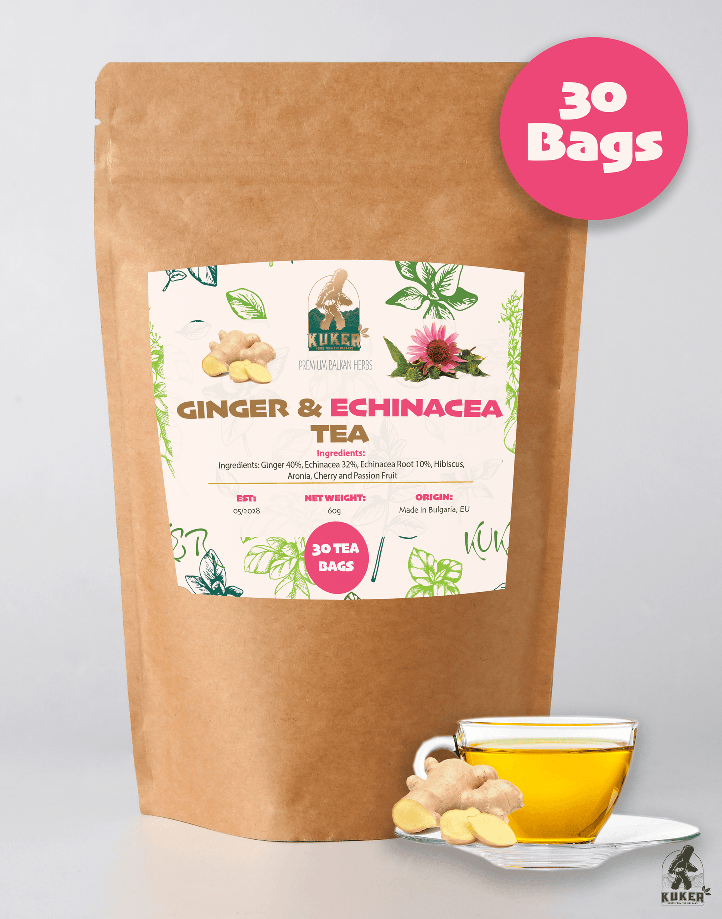 Ginger Tea & Echinacea 30 Tea Bags | 50g