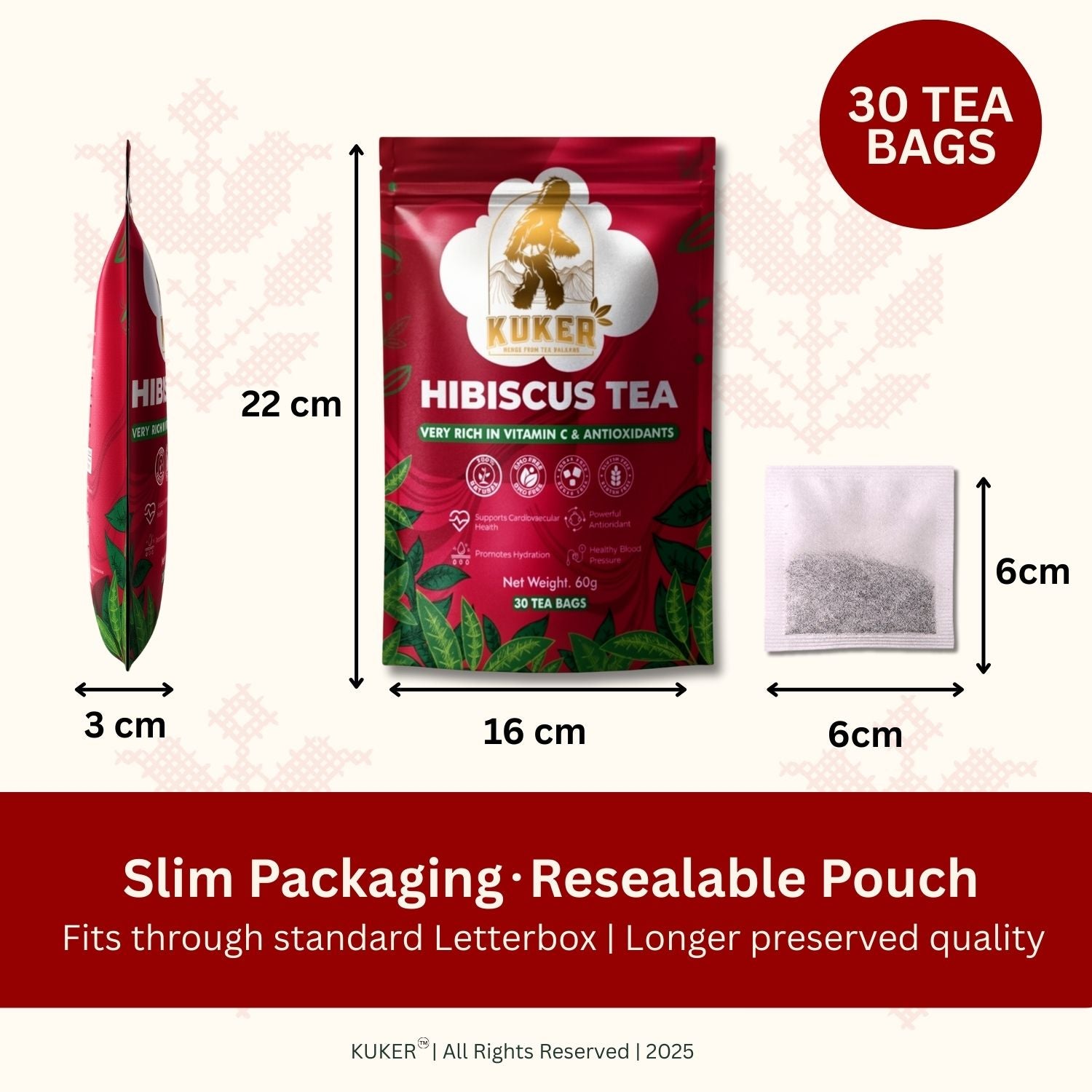 KUKER Hibiscus Tea bags packaging – 30 hibiscus herbal tea bags