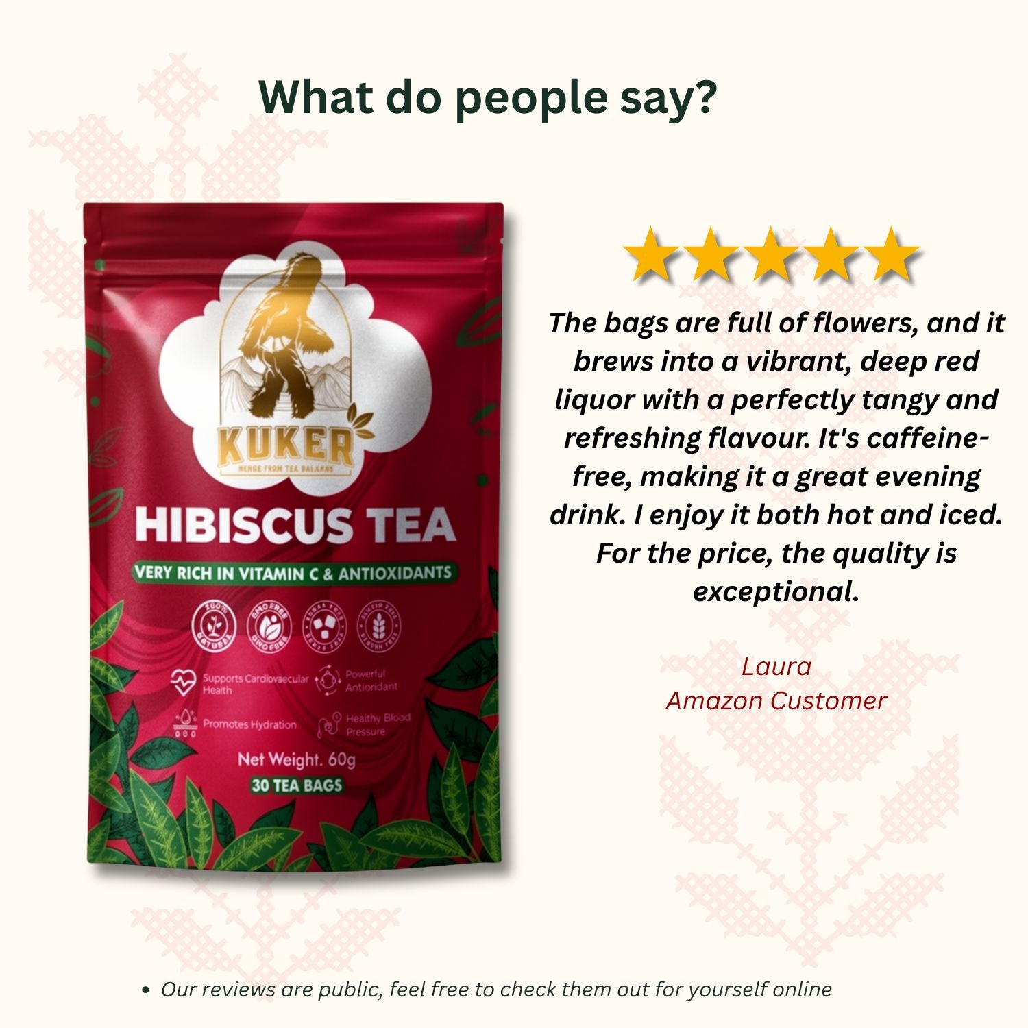 KUKER Hibiscus Tea bags in cup with packaging – Bulgarian hibiscus herbal tea infusion

