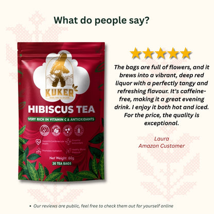 KUKER Hibiscus Tea bags in cup with packaging – Bulgarian hibiscus herbal tea infusion
