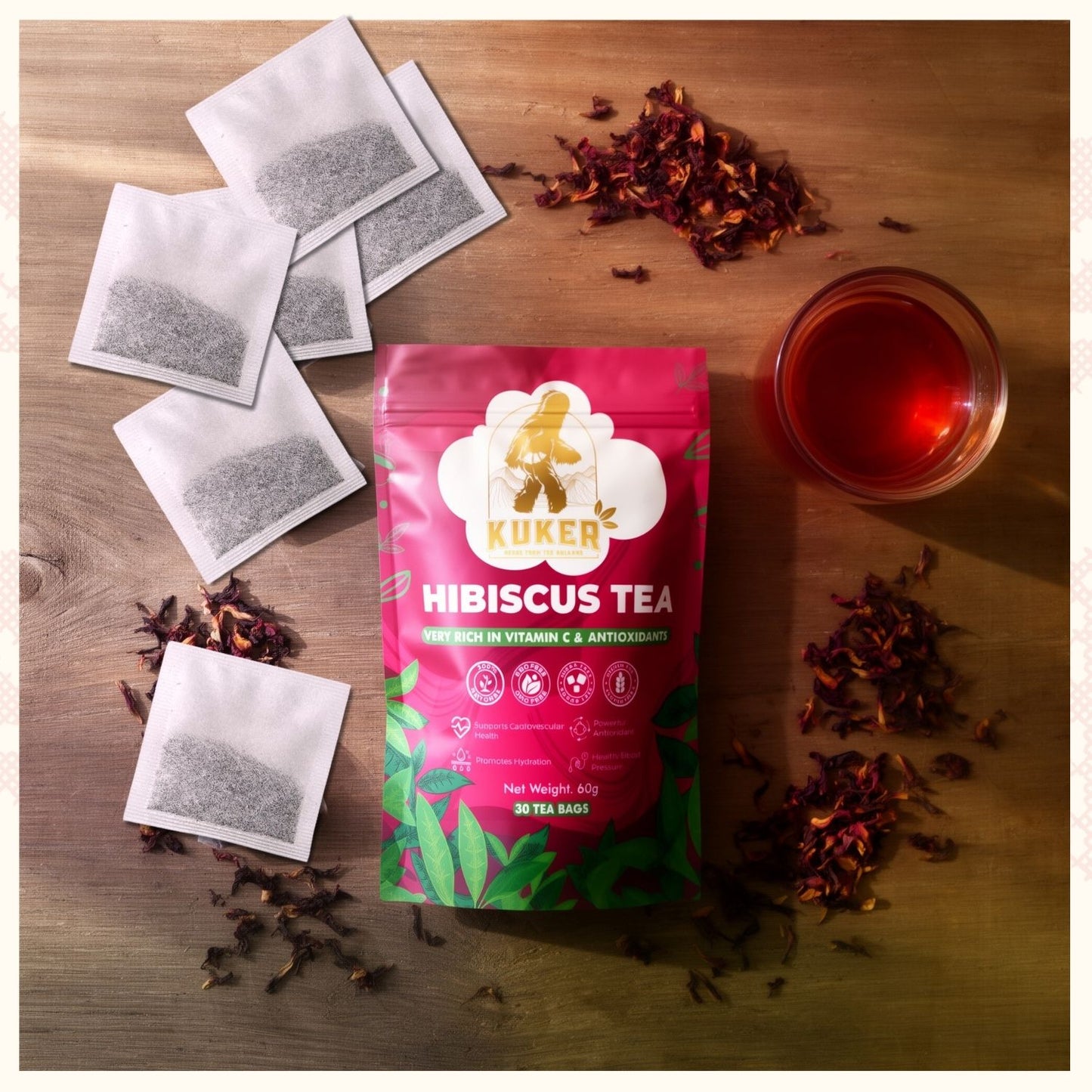KUKER Hibiscus Tea bags in cup with packaging – Bulgarian hibiscus herbal tea infusion
