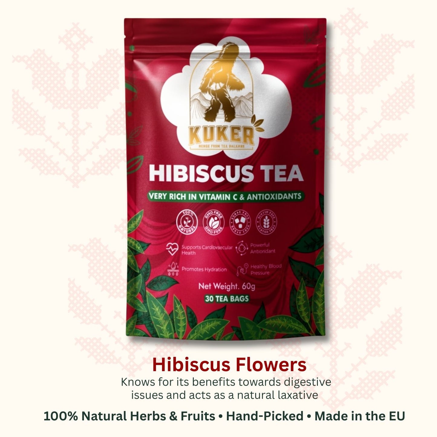 Kuker Hibiscus Tea package on a light pink background