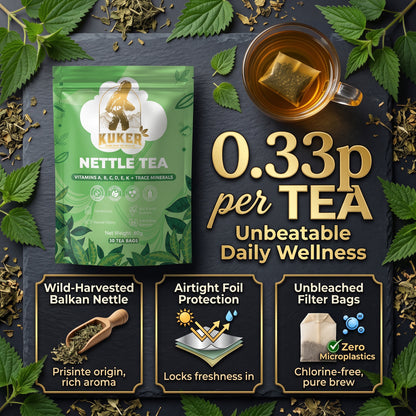 Kuker Nettle Tea promotional graphic showing a green stand-up pouch of tea, a brewed cup of tea with a tea bag, and three feature callouts on a dark slate background with nettle leaves around the edges.
