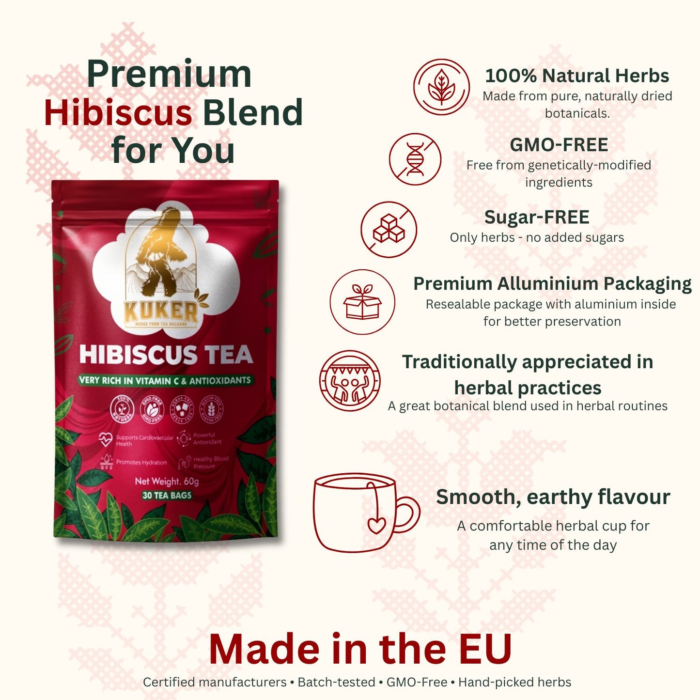KUKER Hibiscus Tea bags – Bulgarian hibiscus herbal tea infusion with 30 tea bags
