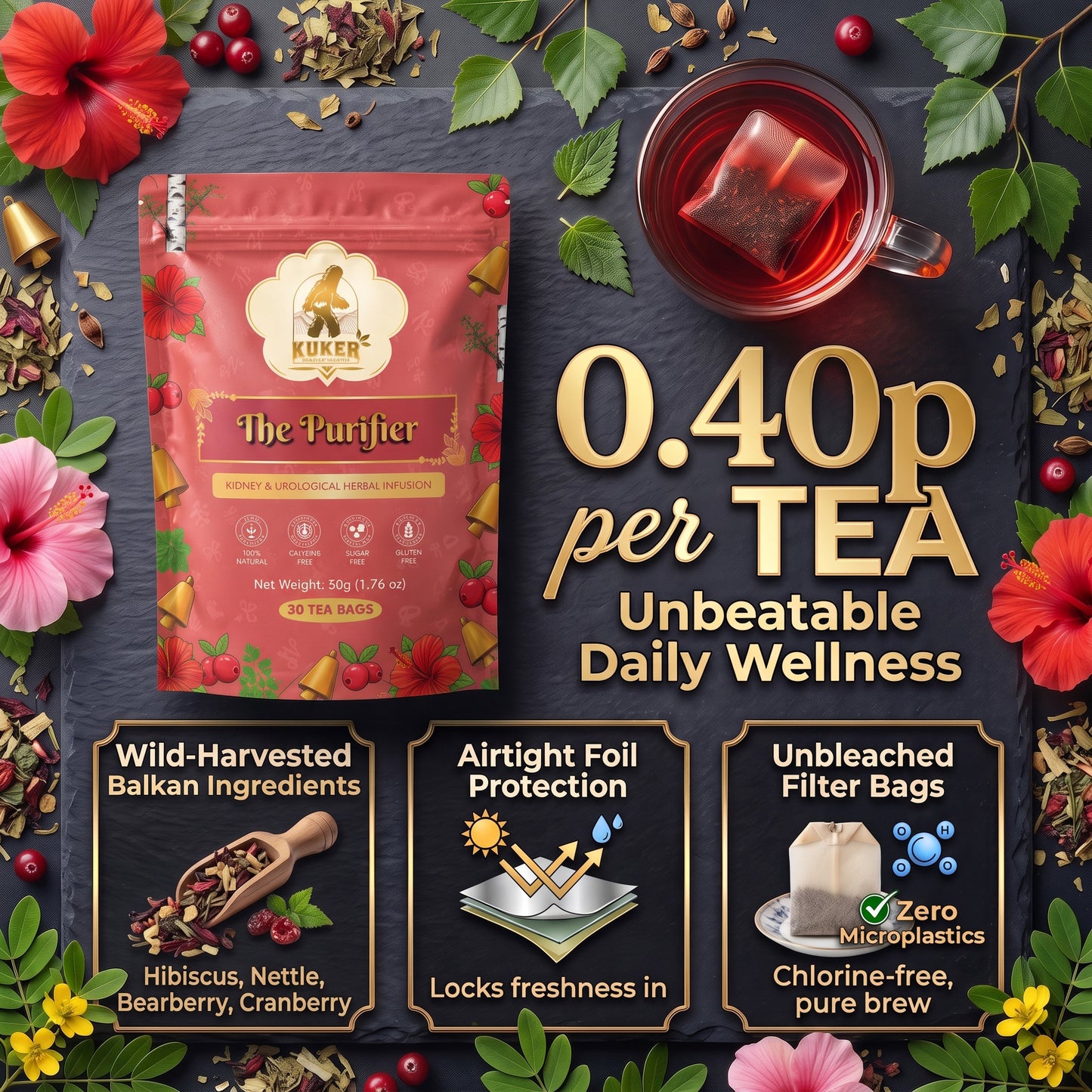 Kuker 'The Purifier' herbal tea pouch shown on a dark slate background with decorative flowers, loose tea ingredients, and a glass of brewed red tea. Large text reads '0.