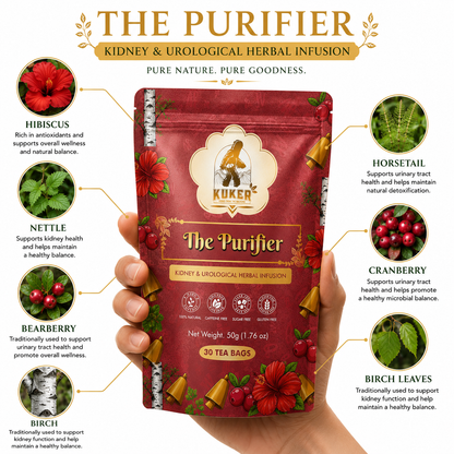 A hand holds a red stand-up pouch of KUKA The Purifier Kidney & Urological Herbal Infusion tea against a white infographic background with callout labels for ingredients including hibiscus, nettle, cranberry, and birch leaves.