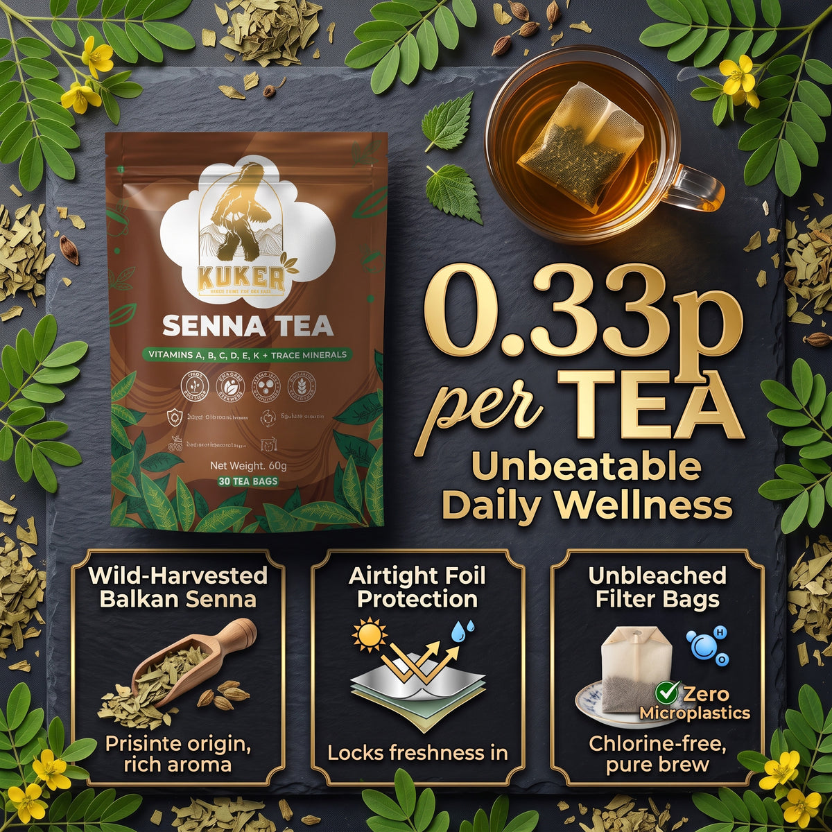 KUKER® Senna Tea Bags – 30 Natural Herbal Senna Tea Bags | Traditional Detox Herbal Tea 50g