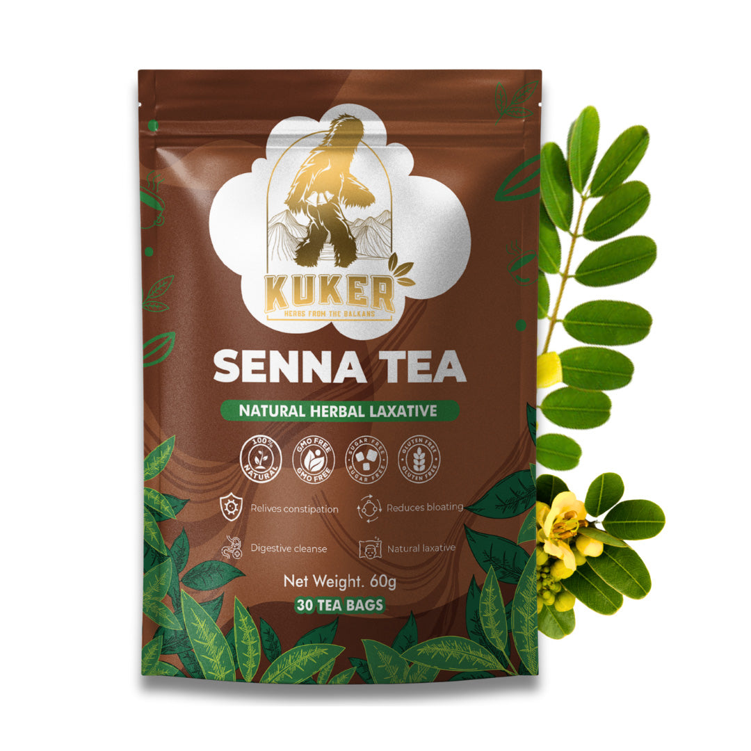 Kuker Senna Tea package with green leaves and flower on a white background